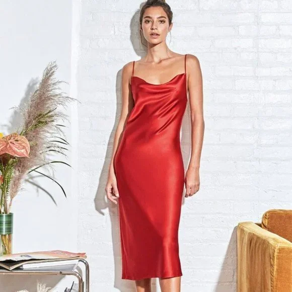 bebe Dresses Bebe Satin Cowl Neck Slip Midi Dress In Red